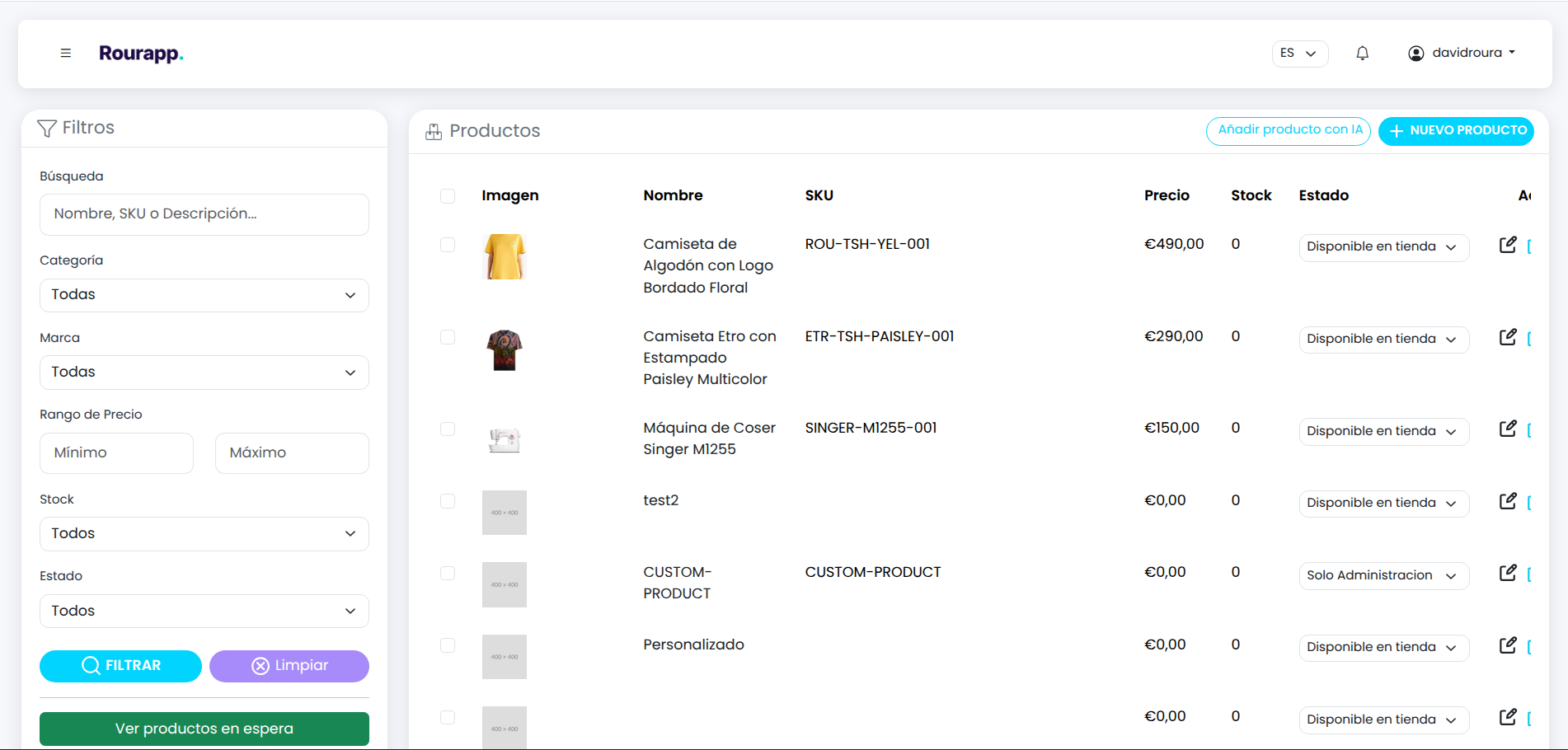 Listado de productos con botón Añadir producto con IA